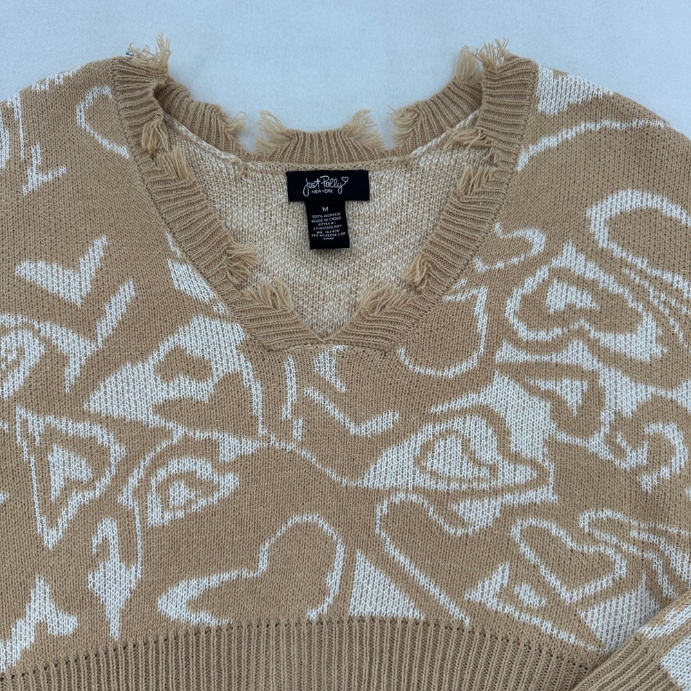 Just Polly Rose Heart Print Women M Distressed Cropped Ribbed Sweater Tan White - Picture 3 of 6